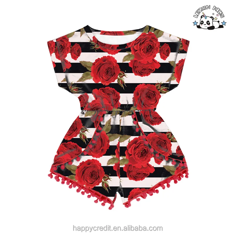 LEZONKIDS - Customized Red Rose Stripe Printed Children's Summer Jumpsuit Little Girl Baby Clothes Cute Girls Clothing Sets